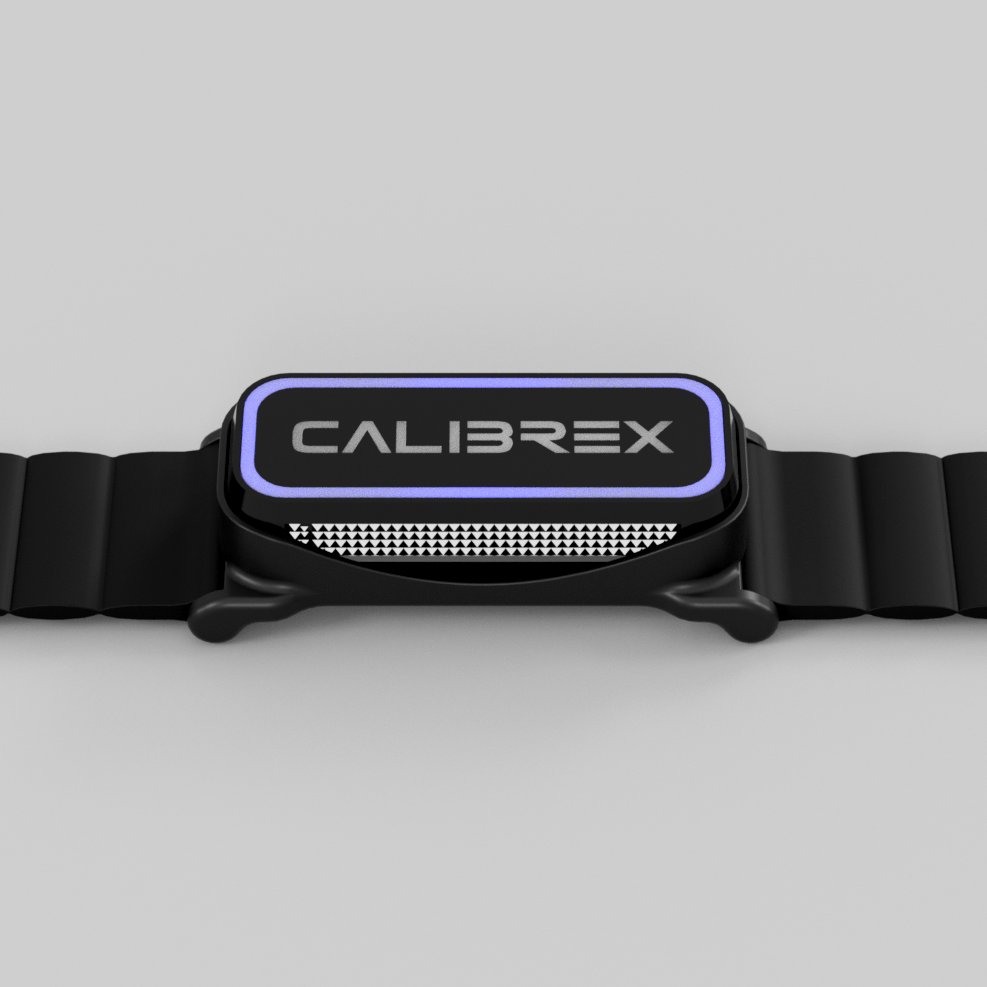 Black dog collar with 'Calibrex' branding on a light gray background